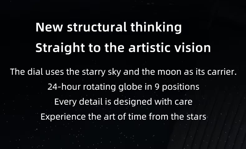 Luxury watch concept text describing starry sky dial, moon motif, and 24-hour globe feature.