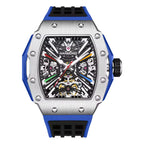 Motorsport-inspired skeleton dial watch with tonneau brushed case, exposed gears, and blue strap