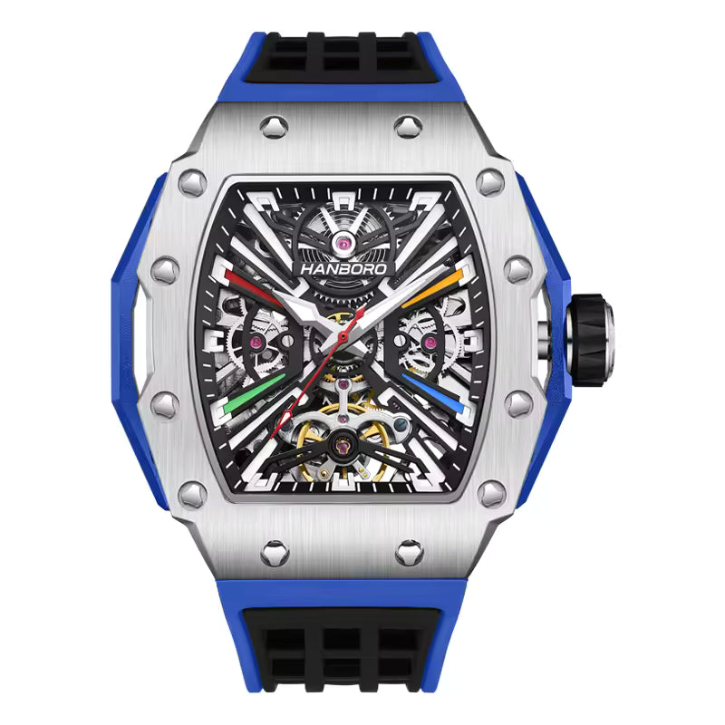 Motorsport-inspired skeleton dial watch with tonneau brushed case, exposed gears, and blue strap