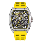 Luxury skeleton watch with yellow strap, tonneau case, motorsport-inspired design, mechanical dial