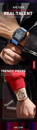 Motorsport-inspired skeleton watches with bold square cases, one blue strap, one black, modern style