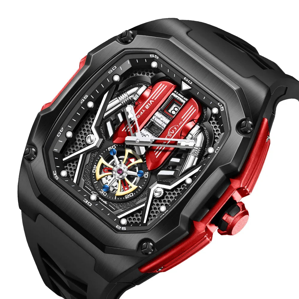 Motorsport-inspired luxury watch with skeleton dial, black and red case, and bold design