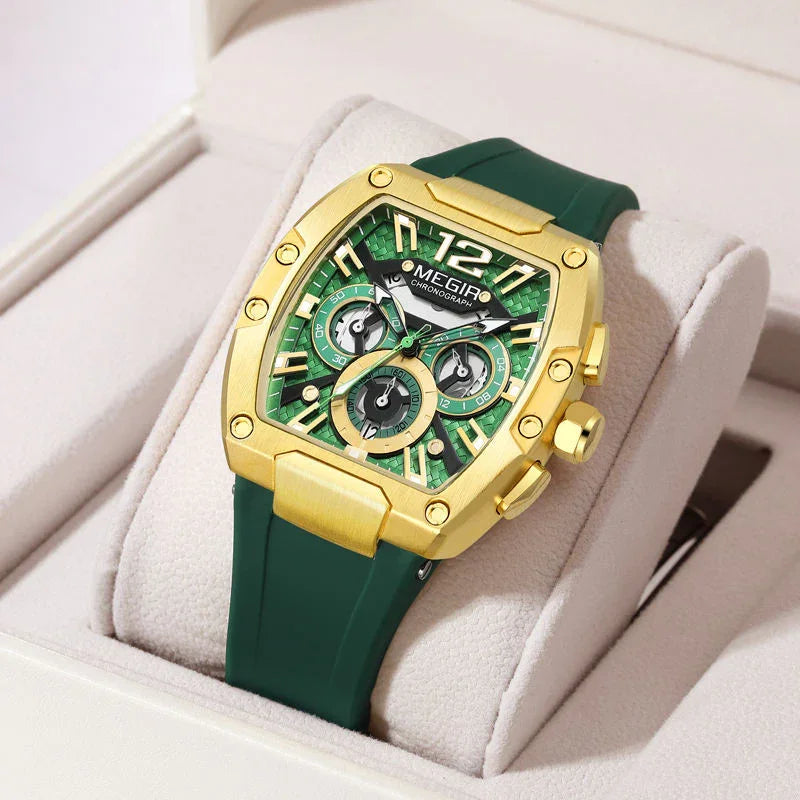 Gold tonneau chronograph watch with green dial and rubber strap, luxury motorsport design