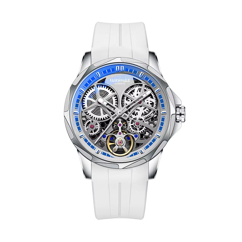 Skeleton dial sport-luxury watch with exposed gears, white strap, and blue accents