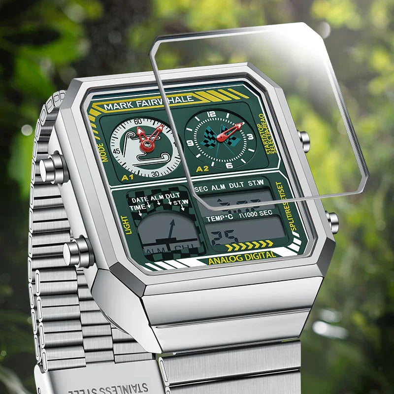 Rectangular motorsport-inspired analog digital watch with green dial, racing design, and stainless steel strap
