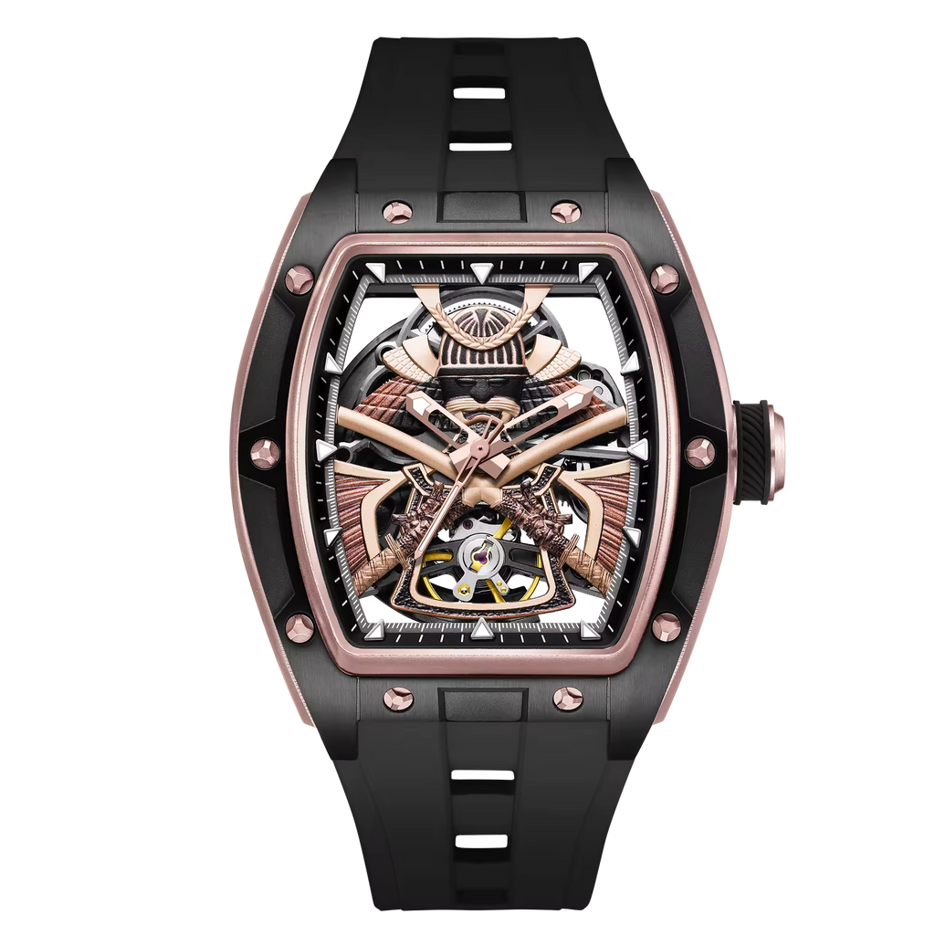Luxury skeleton watch with tonneau case, rose gold accents, openwork dial, and black rubber strap