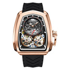 Luxury skeleton automatic watch with rose gold case, exposed gears, and black rubber strap