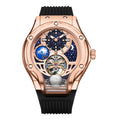 Luxury rose gold sport watch with moon phase, open-heart design, and black rubber strap.