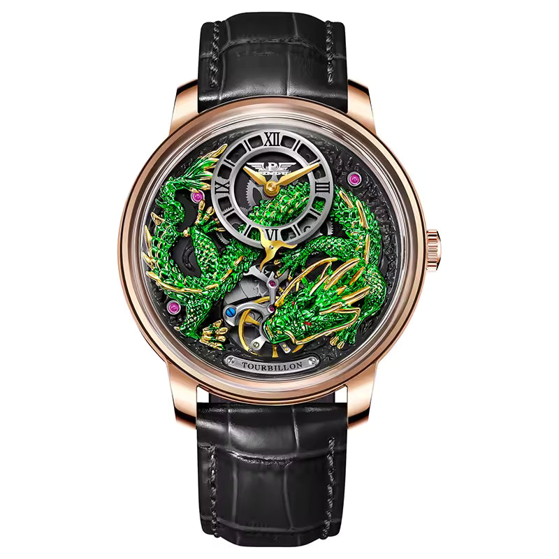 Luxurious tourbillon watch with green dragon motif, gold case, and black leather strap