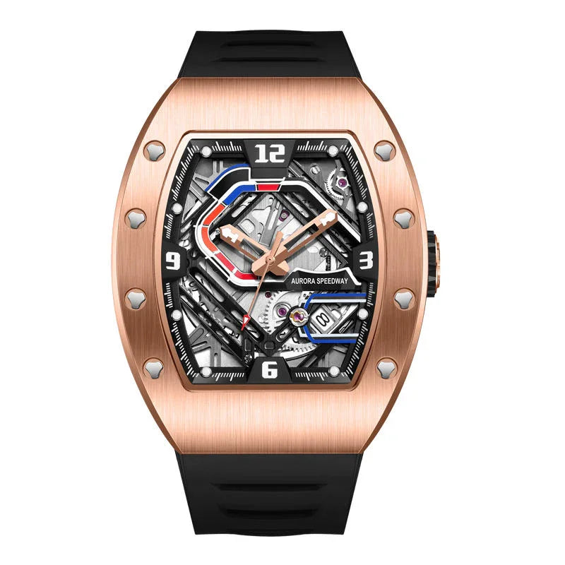Motorsport-inspired luxury watch with rose gold case, skeleton dial, and black rubber strap