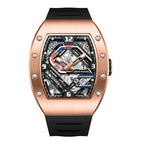 Motorsport-inspired luxury watch with rose gold case, skeleton dial, and black rubber strap