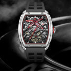 Luxury motorsport-inspired skeleton watch with tonneau case, red accents, and black strap