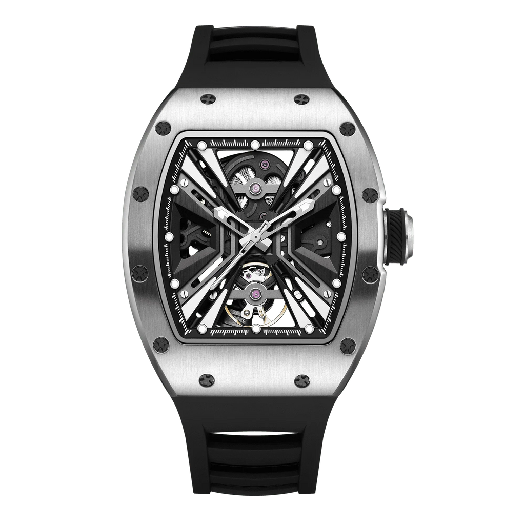 Skeleton dial racing-inspired luxury watch with brushed metal case and black rubber strap