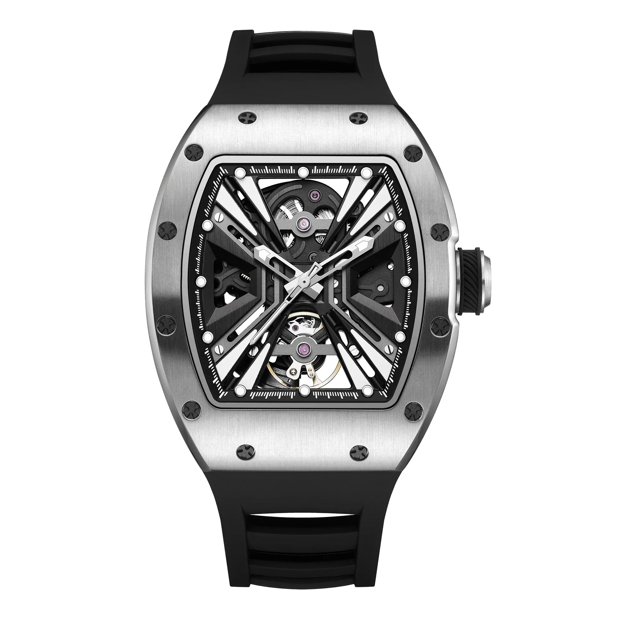 Skeleton dial racing-inspired luxury watch with brushed metal case and black rubber strap