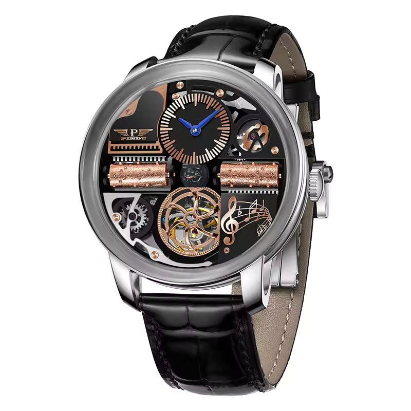 Luxury motorsport-inspired skeleton watch with exposed gears, music notes, and black leather strap