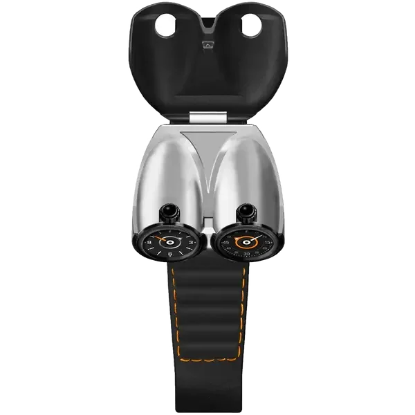 Motorsport-inspired luxury watch with dual dials, metallic case, and black leather strap