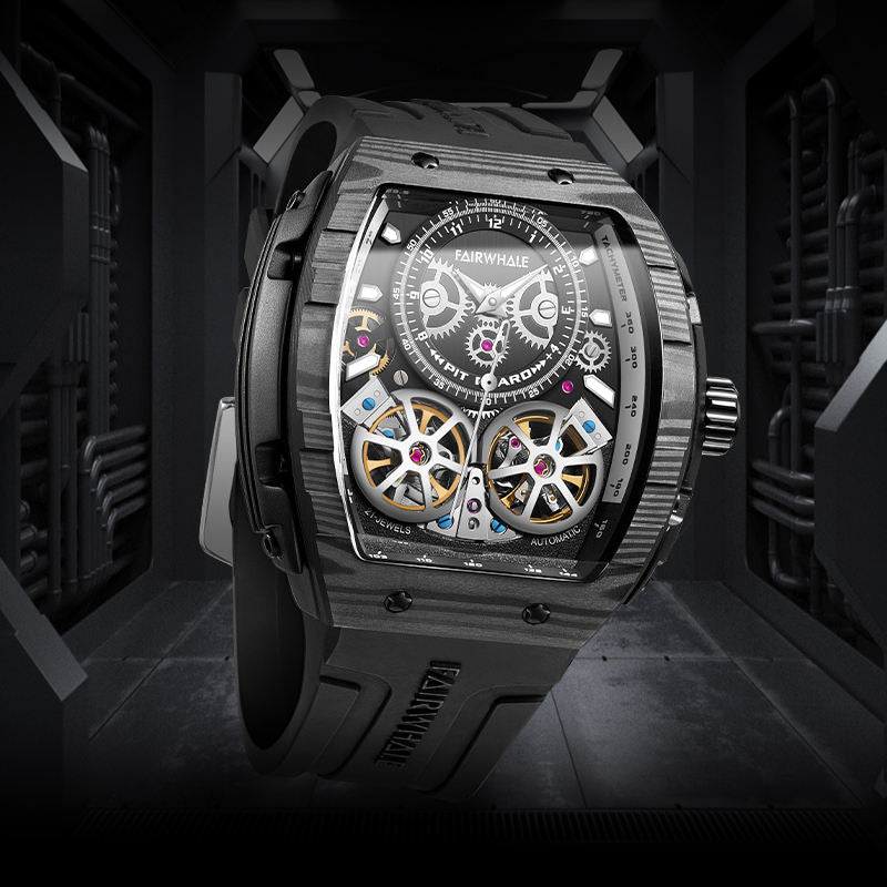Luxury motorsport-inspired skeleton sport watch with black case, visible gears, and bold design