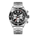 Silver stainless steel chronograph watch with black bezel, bold dial, and racing-inspired design