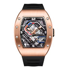 Luxury motorsport-inspired skeleton watch with rose gold case, bold dial, and black strap