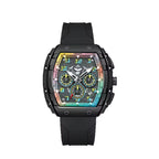 Motorsport-inspired luxury chronograph watch with bold case, rainbow accents, and black strap