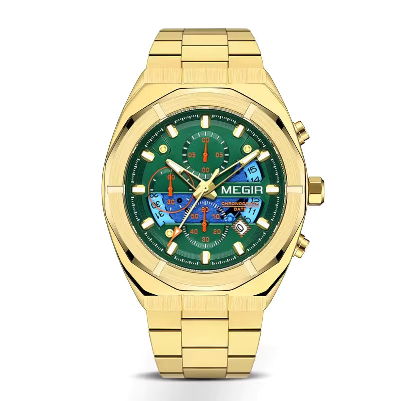 Gold racing-inspired chronograph watch with green dial, bold subdials, and luxury sport design