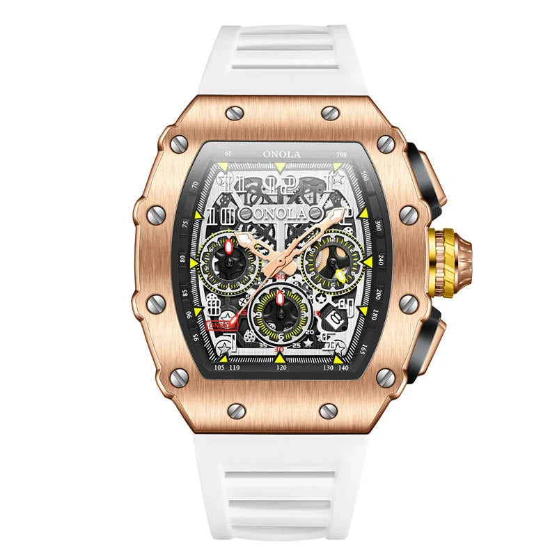 Luxury motorsport-inspired chronograph watch with rose gold case, skeleton dial, and white strap