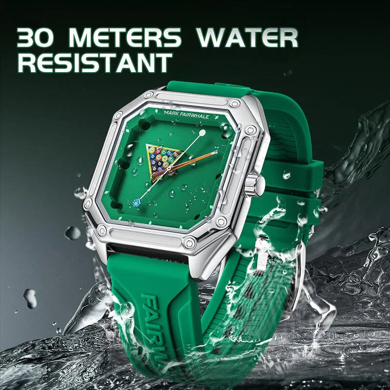 Motorsport inspired green sports watch with square case, water resistant, bold racetrack design
