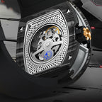 Luxury automatic watch case back with exposed movement, motorsport-inspired design, gold crown