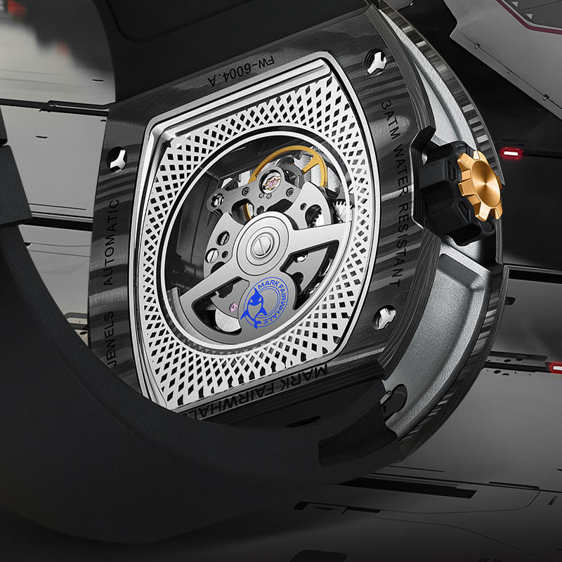 Luxury automatic watch case back with exposed movement, motorsport-inspired design, gold crown
