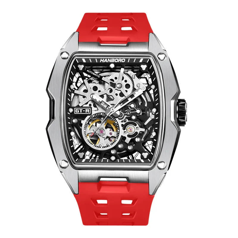 Motorsport-inspired skeleton dial watch with red strap, exposed gears, and bold sport design