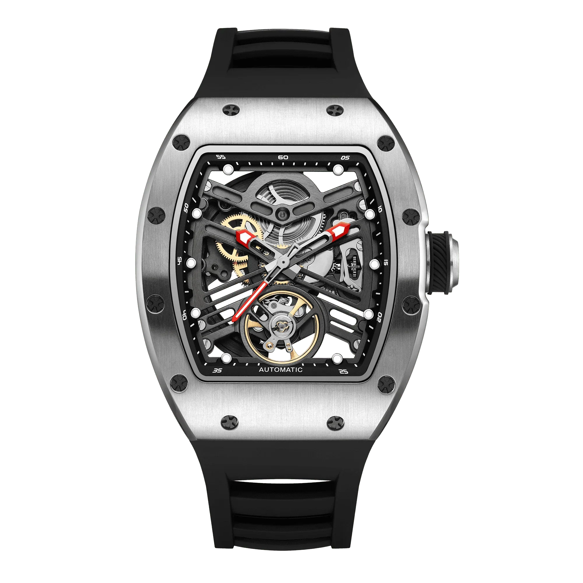 Skeleton dial automatic sport-luxury watch with visible gears, racing-inspired design, black strap