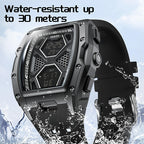 Motorsport-inspired digital sport watch with black geometric case, water resistant to 30 meters