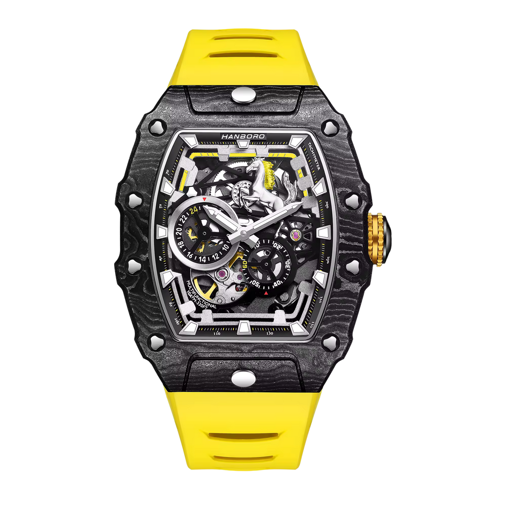 Motorsport-inspired luxury watch with carbon fiber case, skeleton dial, and yellow strap