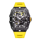Motorsport-inspired luxury watch with carbon fiber case, skeleton dial, and yellow strap