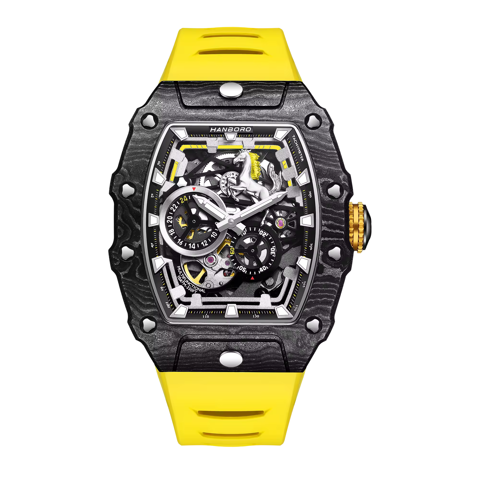 Motorsport-inspired luxury watch with carbon fiber case, skeleton dial, and yellow strap