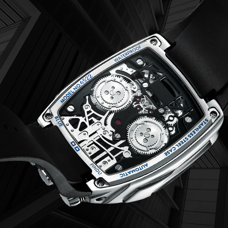 Luxury automatic skeleton watch with visible gears, sporty European-inspired design, black strap