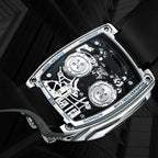 Luxury automatic skeleton watch with visible gears, sporty European-inspired design, black strap