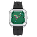 Square watch with green dial, billiard triangle design, black rubber strap, sporty luxury style