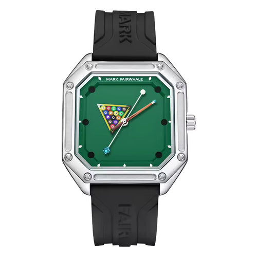 Square watch with green dial, billiard triangle design, black rubber strap, sporty luxury style