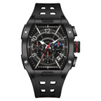 Luxury motorsport-inspired chronograph watch with black carbon-style case, rubber strap, and bold dial.