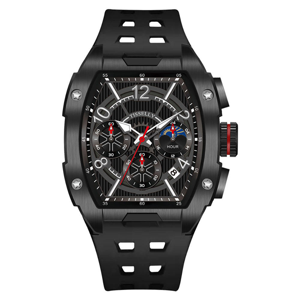 Luxury motorsport-inspired chronograph watch with black carbon-style case, rubber strap, and bold dial.