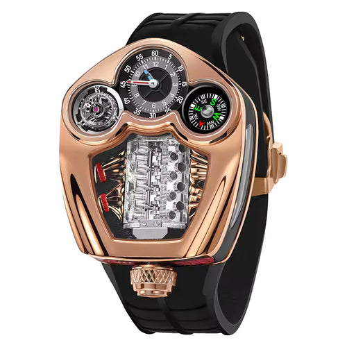 Motorsport-inspired rose gold homage watch with unique dial, mechanical movement, black strap