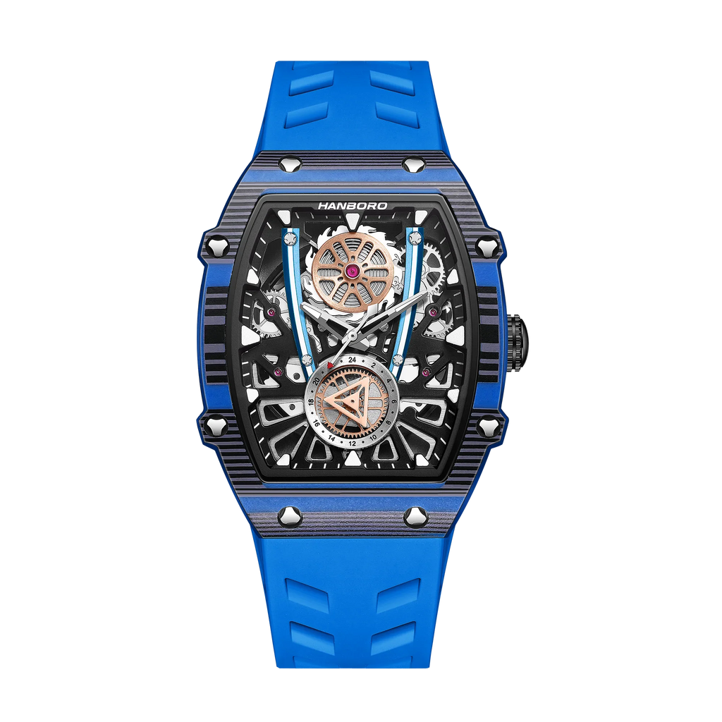 Blue tonneau-shaped sport luxury watch with skeleton dial and racing-inspired details