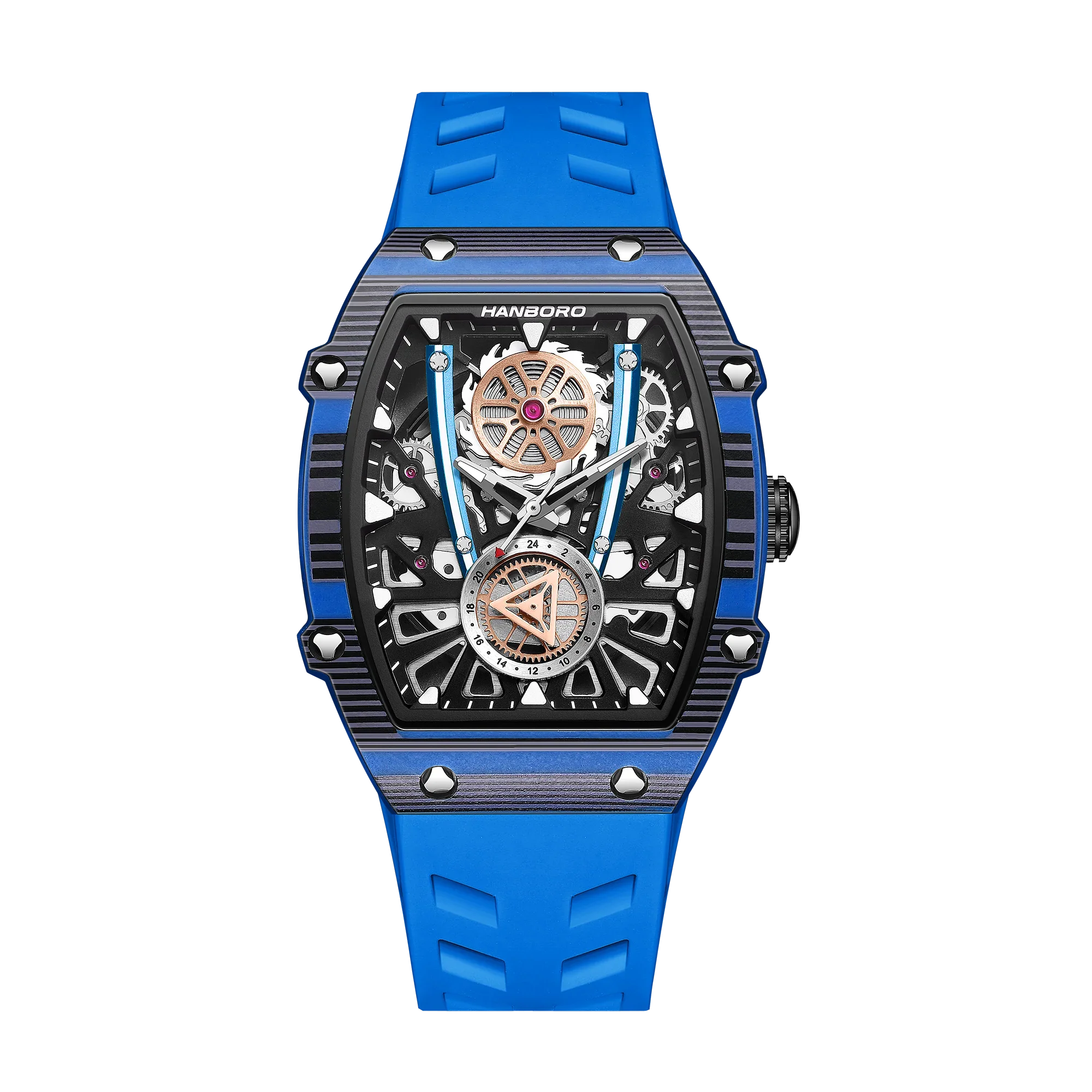 Blue tonneau-shaped sport luxury watch with skeleton dial and racing-inspired details