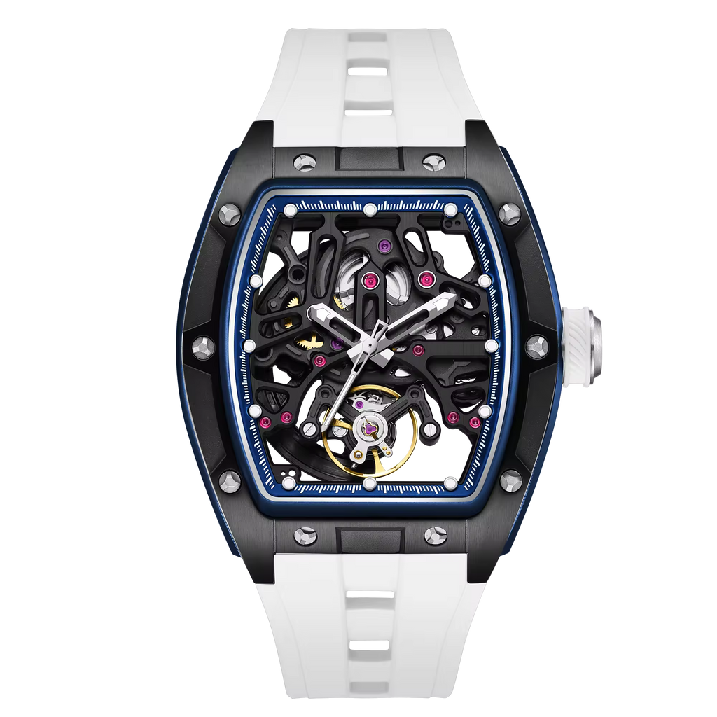 Skeleton dial racing-inspired luxury watch with tonneau case and white strap