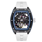 Skeleton dial racing-inspired luxury watch with tonneau case and white strap