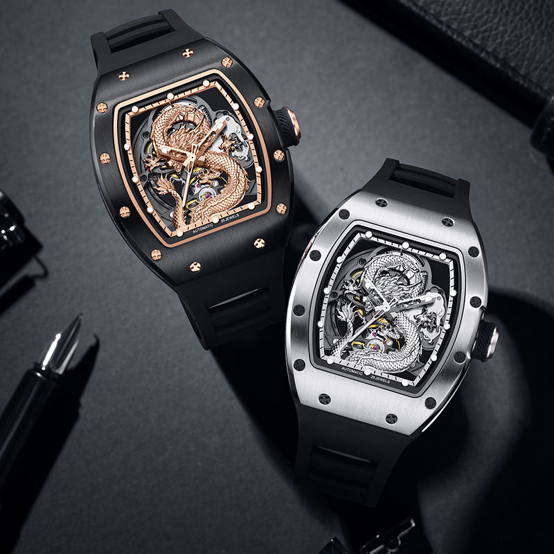 Luxury sport-inspired watches with dragon skeleton dials, bold case design, and rubber straps