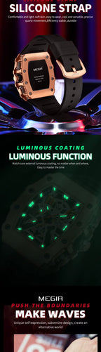 Luxury motorsport-inspired watch with silicone strap and luminous dial, bold modern design