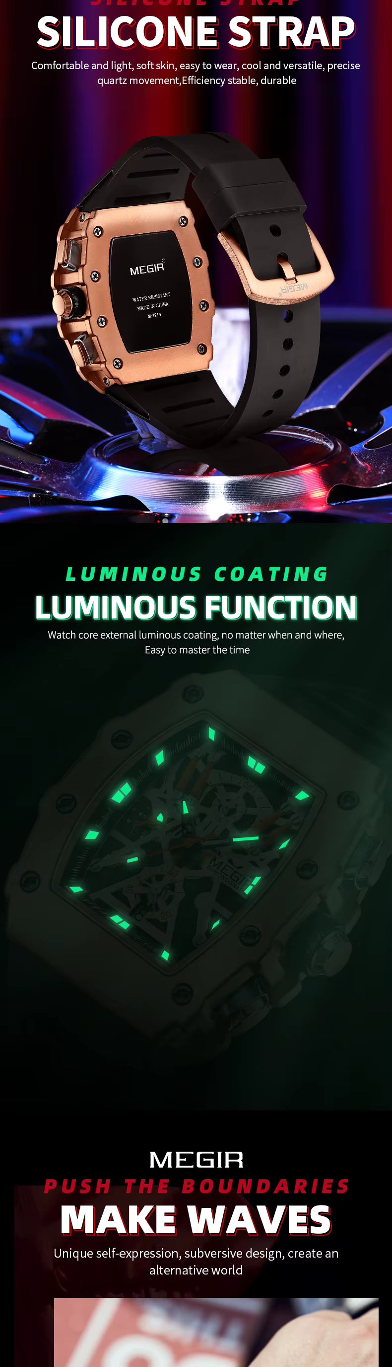 Luxury motorsport-inspired watch with silicone strap and luminous dial, bold modern design