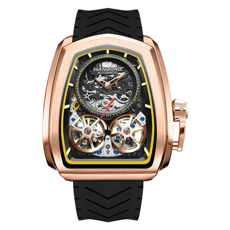 Luxury tonneau-shaped skeleton watch with rose gold case, openwork dial, and black rubber strap